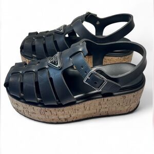 Authentic Prada Wedge Sandals, black straps, soft cork platform Size 8